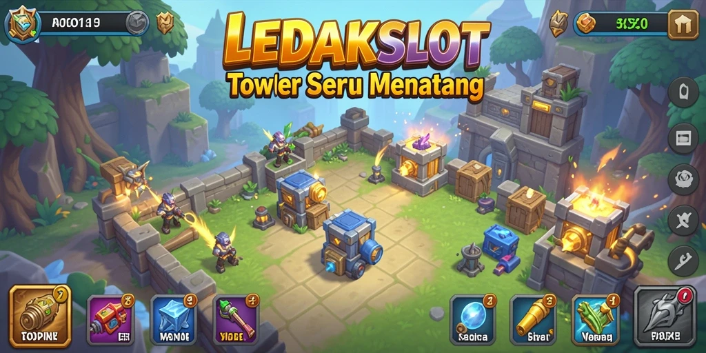 Tampilan gameplay seru di LEDAKSLOT, tantangan Tower Defense yang menakjubkan.