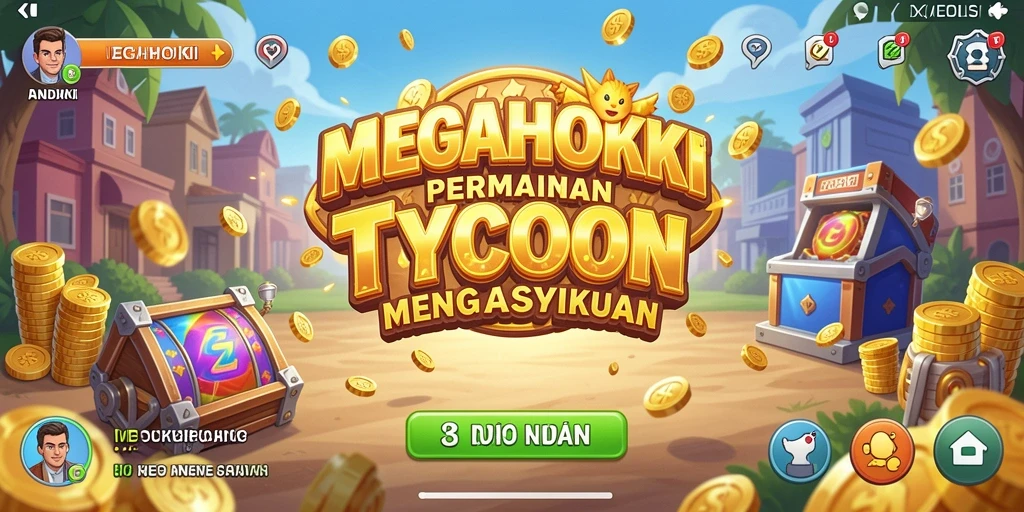 Tangkapan layar MEGAHOKI menampilkan aksi membangun bisnis yang seru.
