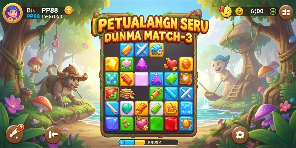 Tampilan gameplay PP88 yang penuh warna dalam misi Match-3.