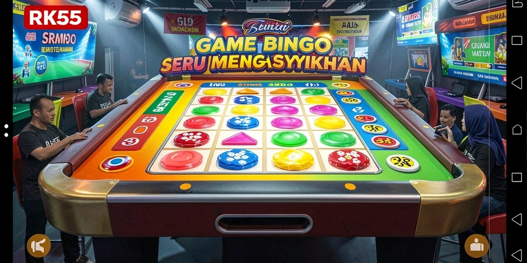 Screenshot permainan RK55 menampilkan suasana seru dan penuh warna saat bermain bingo.