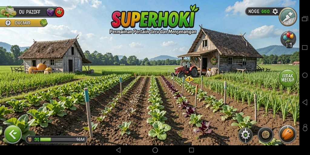 Screenshot gameplay SUPERHOKI menampilkan kehidupan pertanian yang seru.